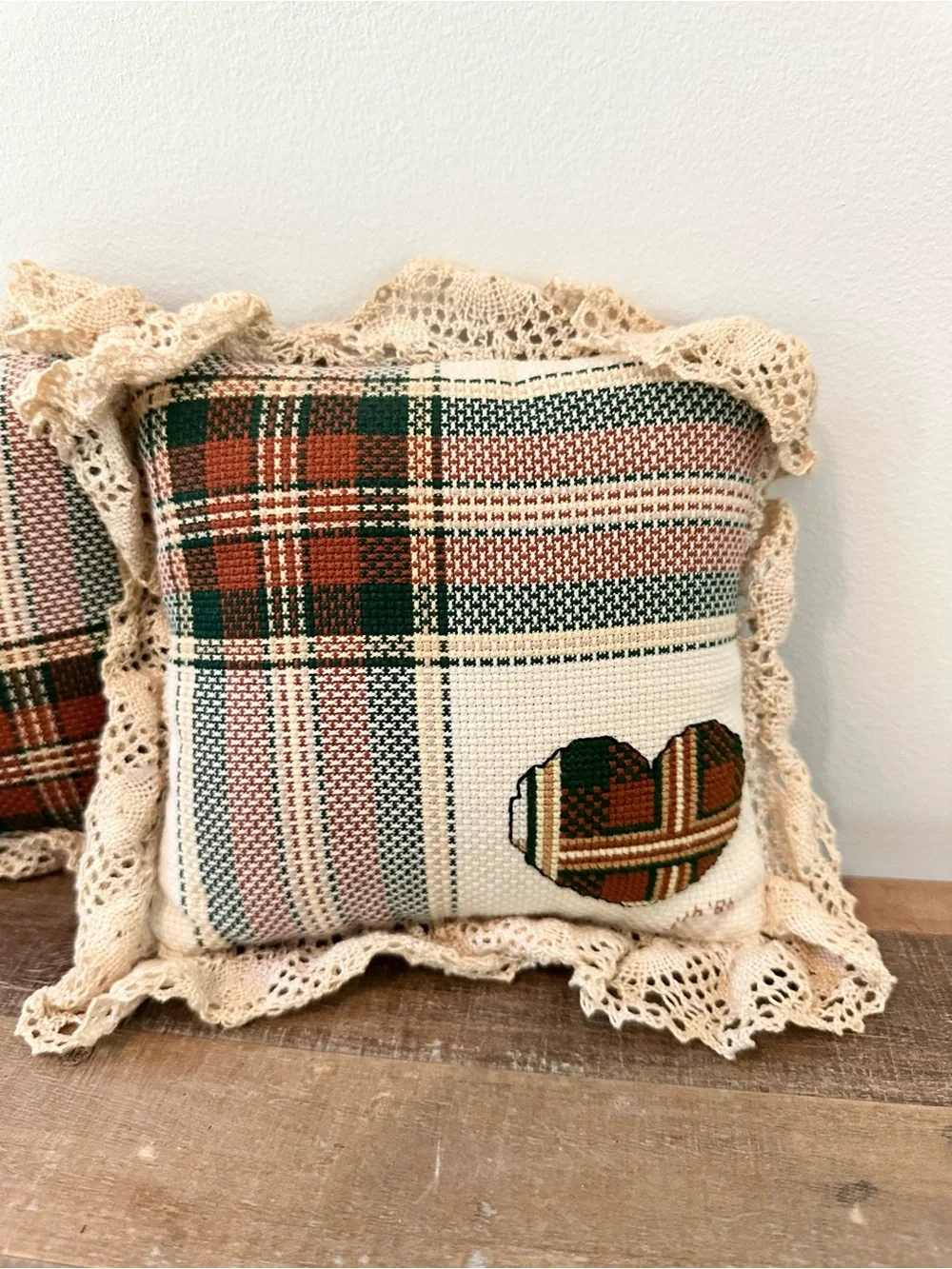 Vintage Handmade Plaid Decorative Cross Stitched Pillows Lace Trim Teddy Heart